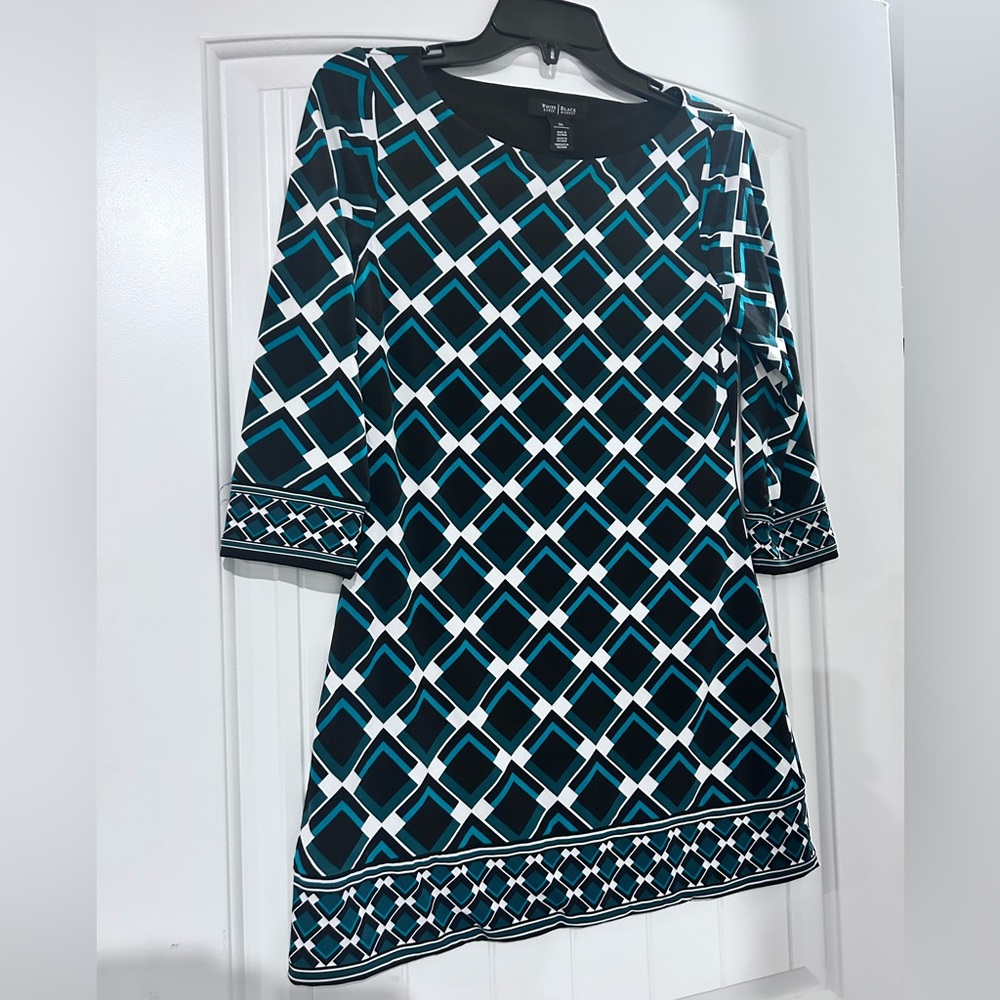White House Black Market Black, Teal and White Geometric Long-Sleeve Shift Dress